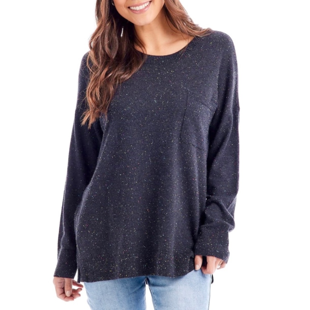 Mud Pie Penn Knit Black Confetti Speckled Scoop Neck Sweater with Pocket